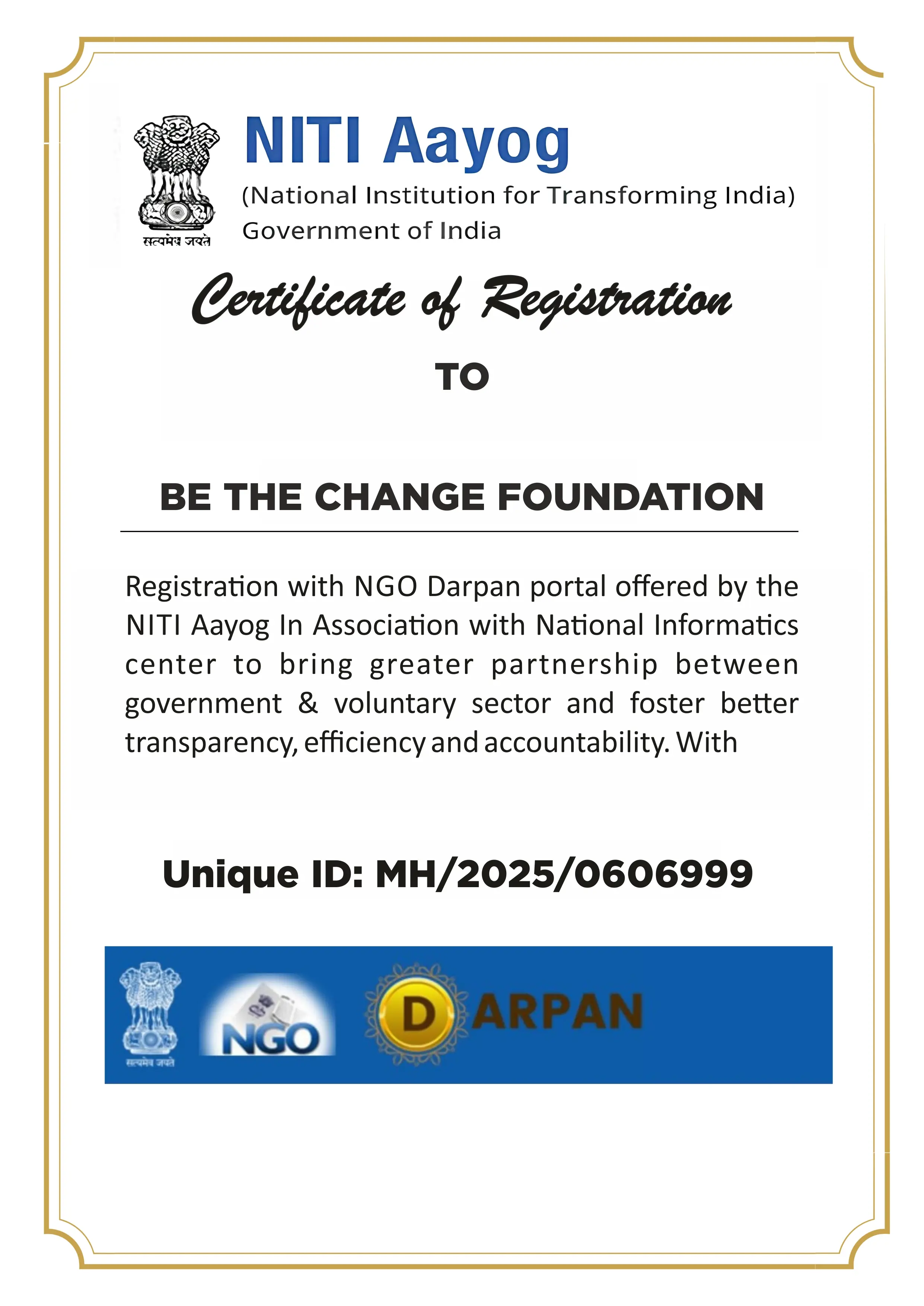 NGO Darpan Certificate - NITI Aayog Certification